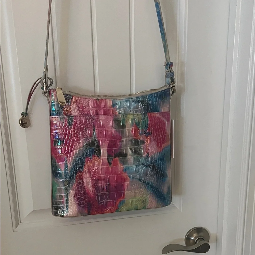 Brahmin Pink Teal Multicolor Croco-Embossed Leather Shoulder Bag - Picture 3 of 5